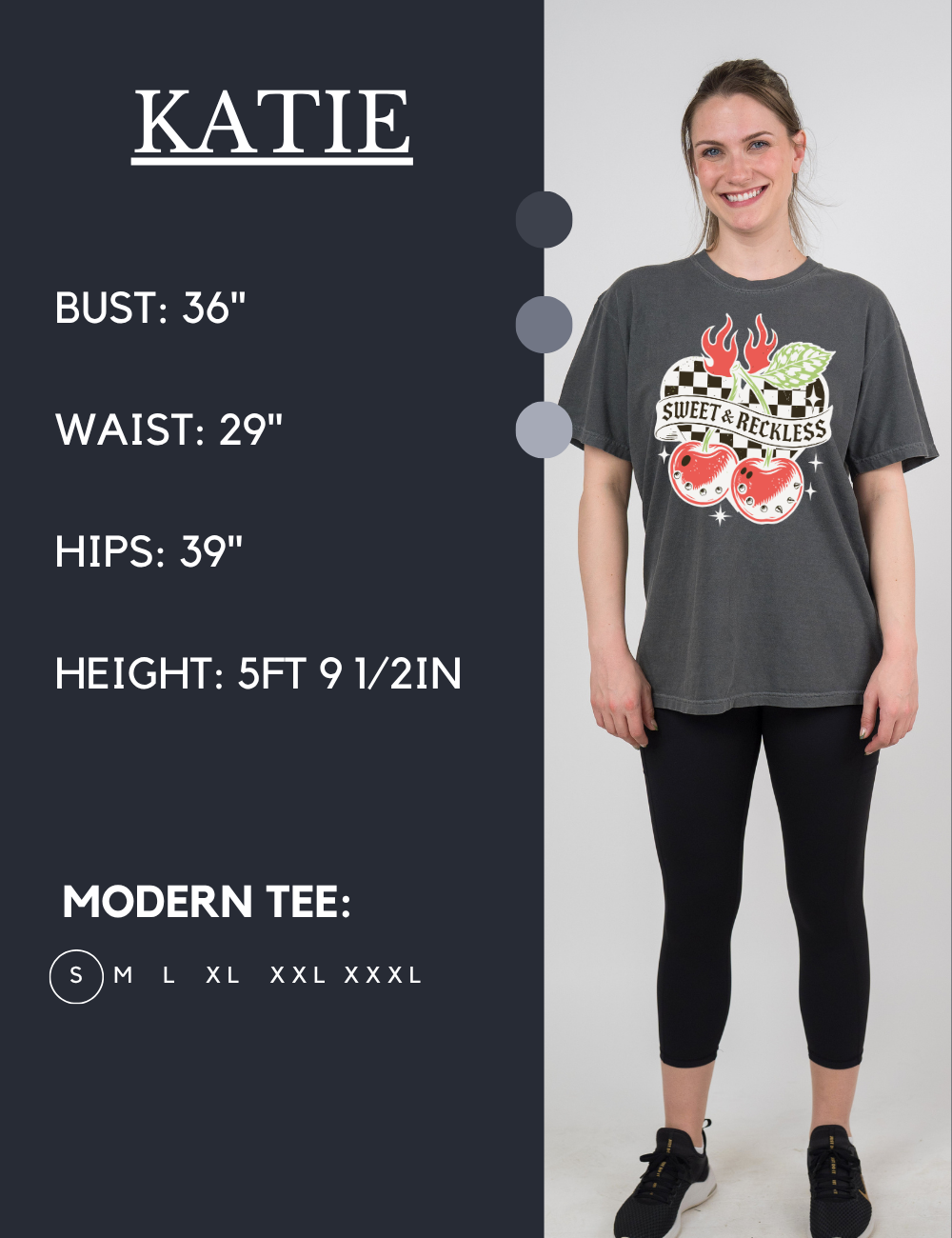 Model’s measurements of 36” bust, 29” waist, 39” hips and height of 5 feet 9 1/2 inches. She is wearing a size small in our modern tee