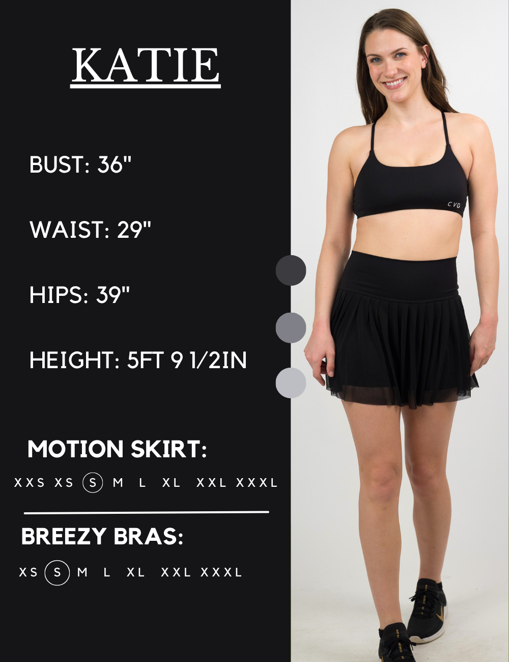 Model’s measurements of 36” bust, 29” waist, 39” hips and height of 5 ft 9 1/2 inches. She is wearing a size small in our motion skirts