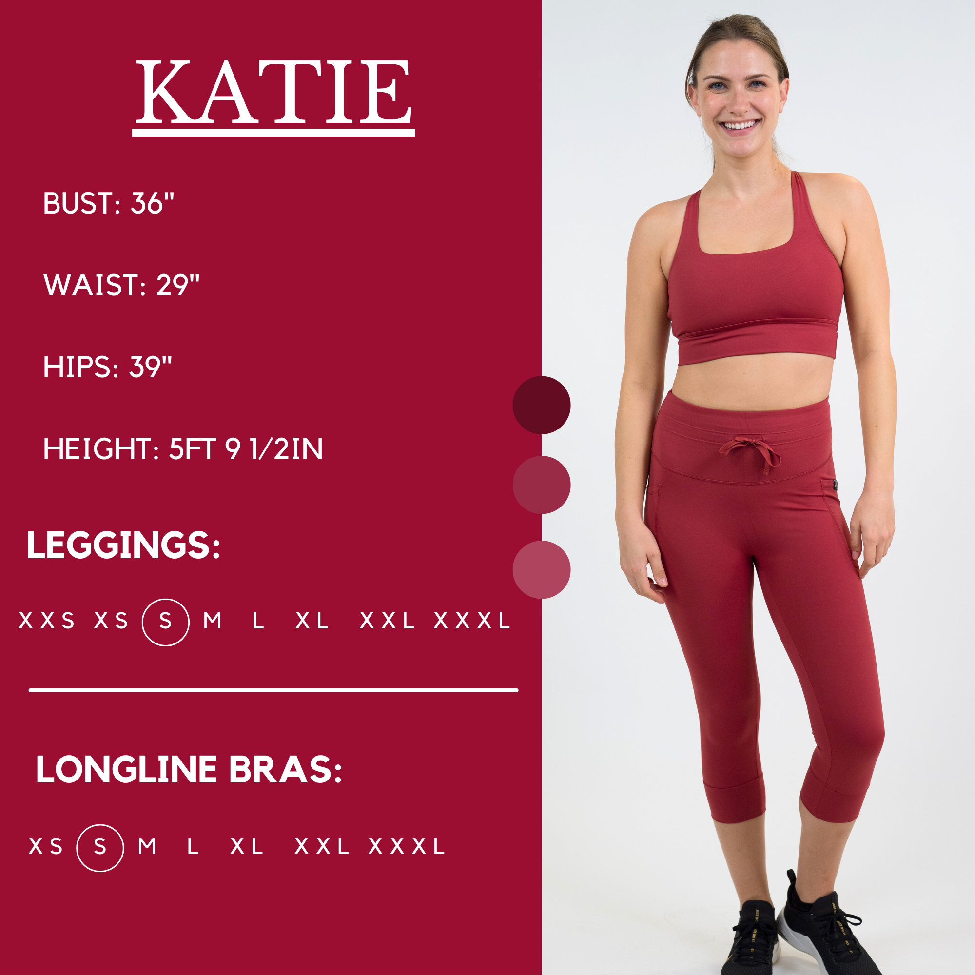Model’s measurements of 36” bust, 29” waist, 39” hips and height of 5 ft 9 1/2 inches. She is wearing a size small in our leggings