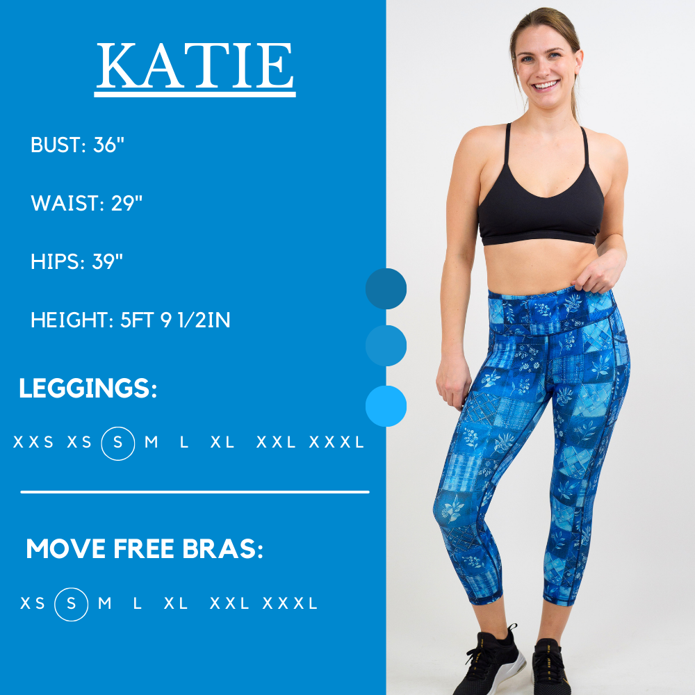 Model’s measurements of 36” bust, 29” waist, 39” hips and height of 5 ft 9 1/2 inches. She is wearing a size small in our leggings