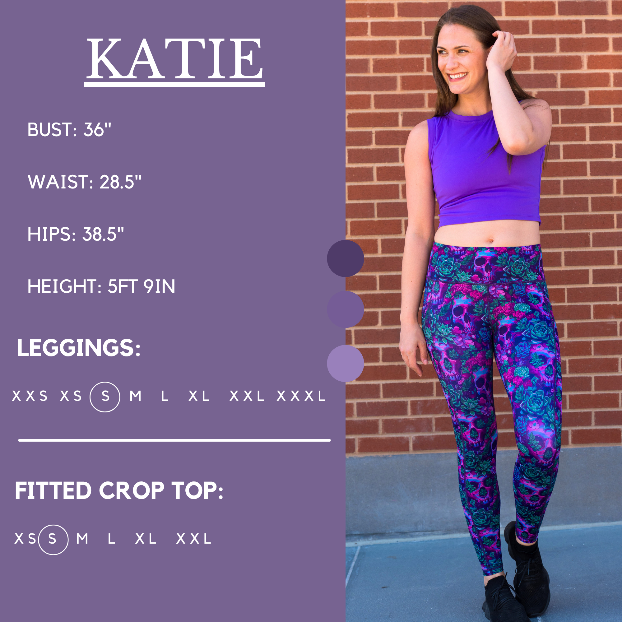 Graphic showing the measurements of a model and what size she wears for the leggings and butterfly back bra. Her bust is 36 inches, waist is 28.5 inches, hips are 38.5 inches, and height is 5 foot and 9 inches. She wears a small in the leggings