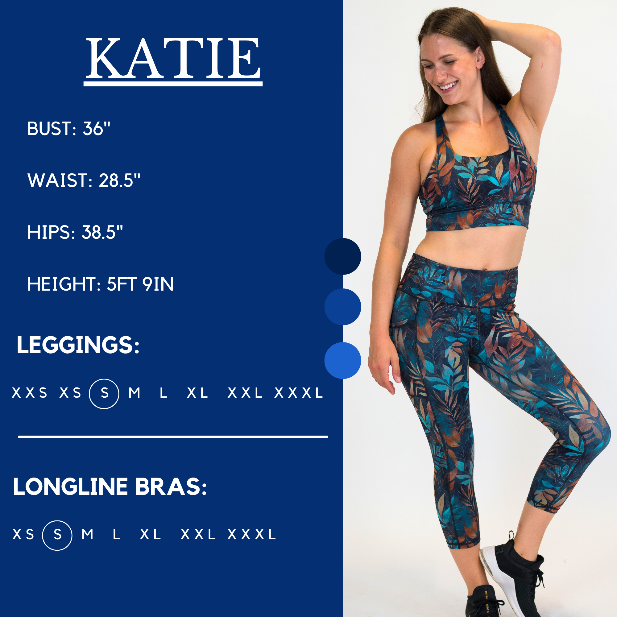 Graphic showing the measurements of a model and what size she wears for the leggings and butterfly back bra. Her bust is 36 inches, waist is 28.5 inches, hips are 38.5 inches, and height is 5 foot and 9 inches. She wears a small in the leggings and longline bras