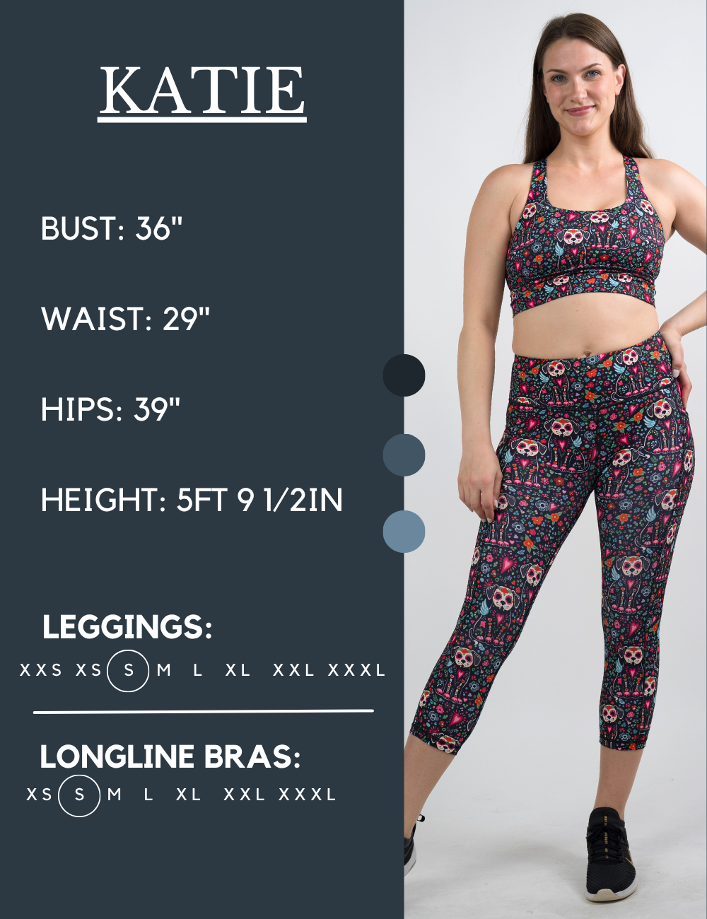 Model’s measurements of 36” bust, 29” waist, 39” hips and height of 5 ft 9 1/2 inches. She is wearing a size small in our leggings