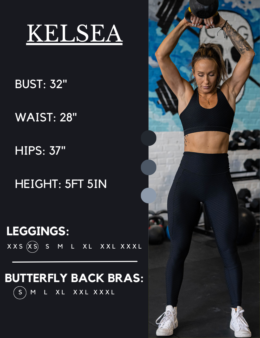 Model’s measurements of 32” bust, 28” waist, 37” hips and height of 5 ft 5 inches. She is wearing a extra size small in our leggings