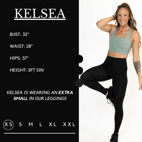 Model's measurements of 32 inch bust, 28 inch waist, 37 inch hips, and height of 5 foot 5 inches. She is wearing a size extra small in these leggings.