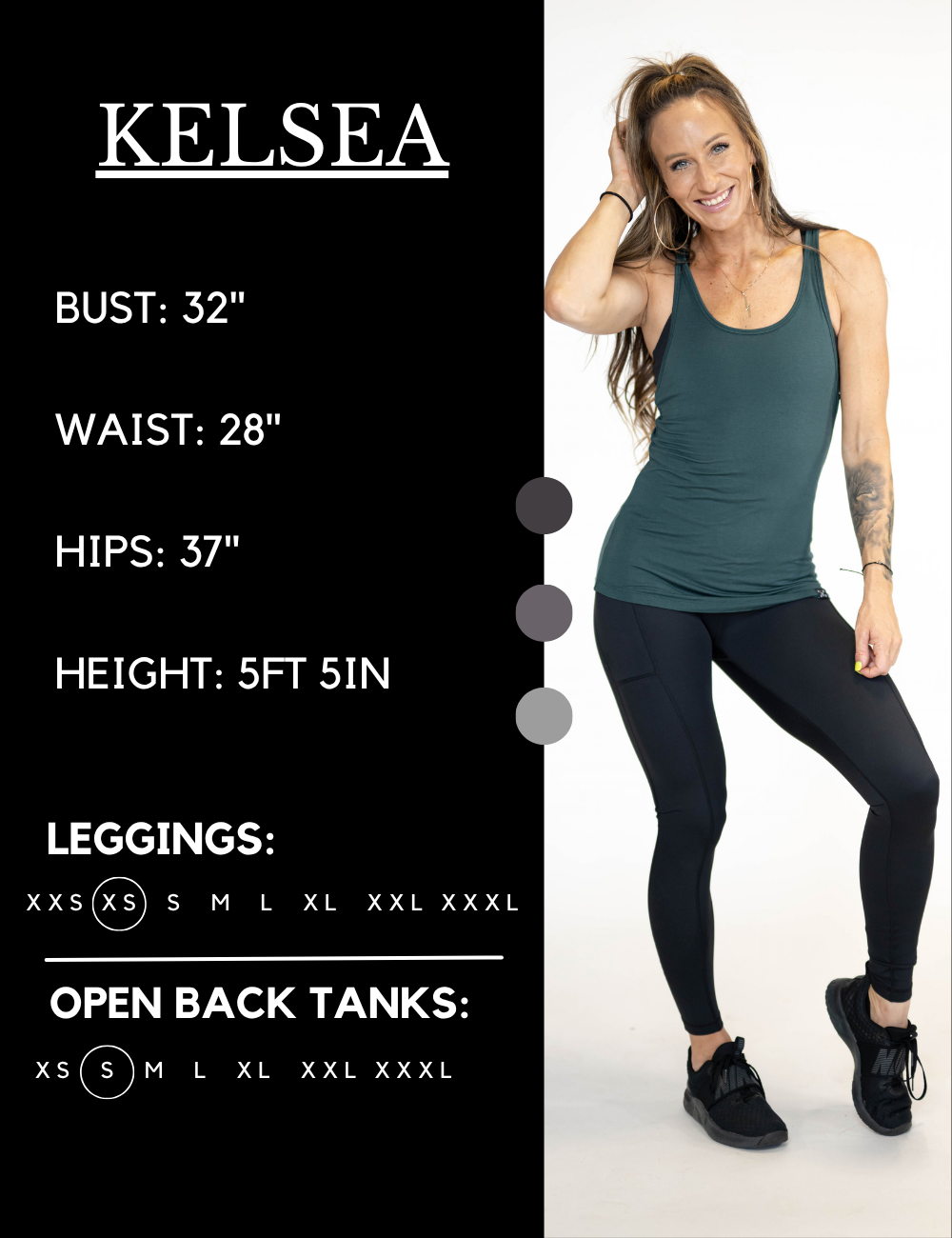 Model’s measurements of 32” bust, 28” waist, 37” hips and height of 5 ft 5 inches. She is wearing a size extra small in our leggings