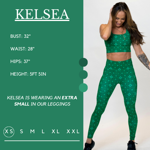 Model’s measurements of 32” bust, 28” waist, 37” hips and height of 5 ft 5 inches. She is wearing a size extra small in our leggings
