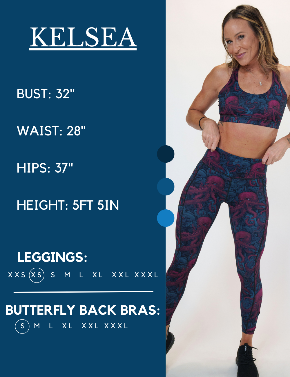 Model’s measurements of 32” bust, 28” waist, 37” hips and height of 5 ft 5 inches. She is wearing a size extra small in our leggings