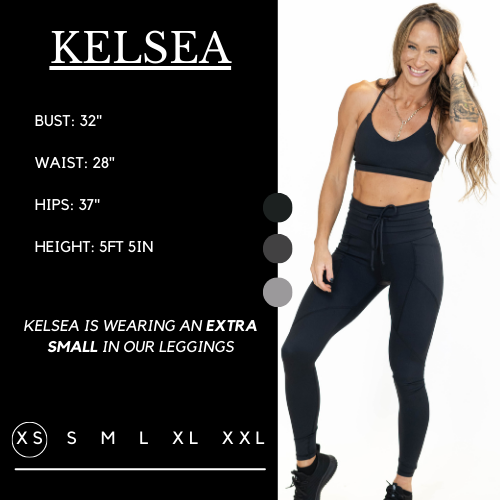 Model’s measurements of 32” bust, 28” waist, 37” hips and height of 5 ft 5 inches. She is wearing a size extra small in our leggings