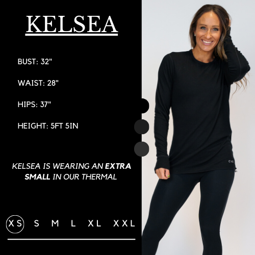 Graphic showing the measurements of a model Her bust is 32 inches, waist is 28 inches, hips are 37 inches, and height is 5 foot and 5 inches. She wears an extra small in the thermal