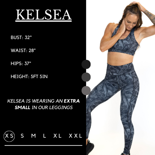Model's measurements of 32 inch bust, 28 inch waist, 37 inch hips, and height of 5 foot 5 inches. She is wearing a size extra small in these leggings.