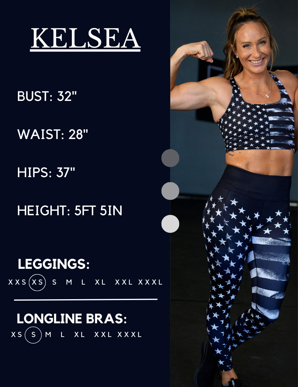 Model’s measurements of 32” bust, 28” waist, 37” hips and height of 5 ft 5 inches. She is wearing a size extra small in our leggings