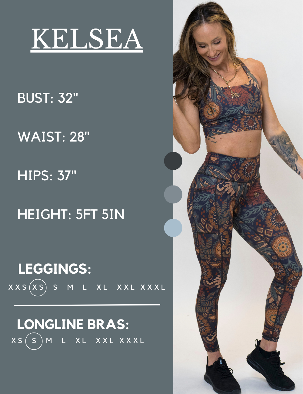 Model’s measurements of 32” bust, 28” waist, 37” hips and height of 5 ft 5 inches. She is wearing a size extra small in our leggings