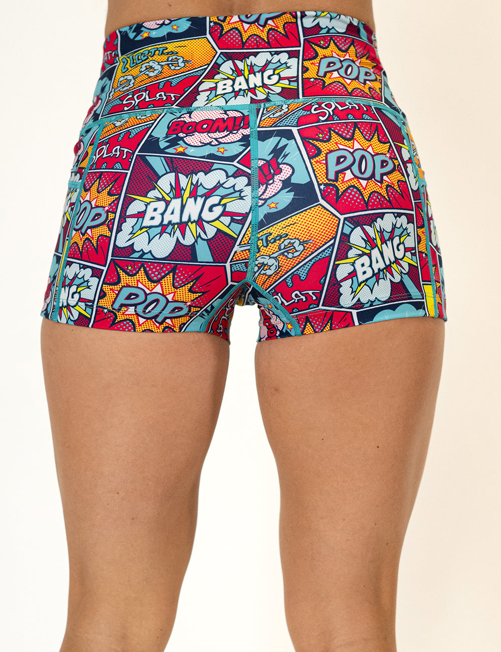 back of the 2.5 inch pop art inspired shorts against a white background