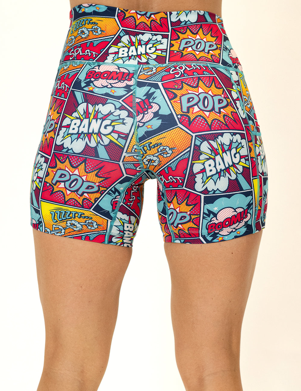 back of the 5 inch pop art inspired shorts against a white background