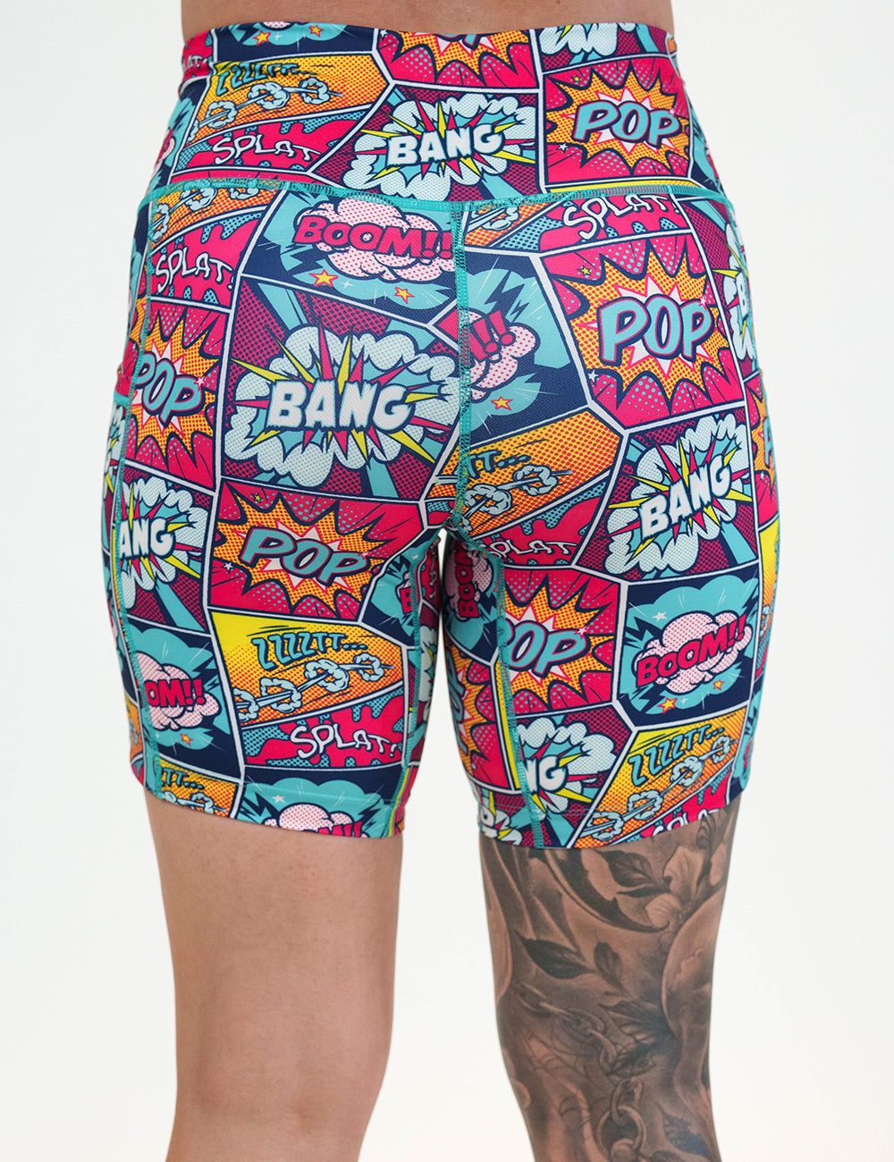 back of the 7 inch pop art inspired shorts against a white background