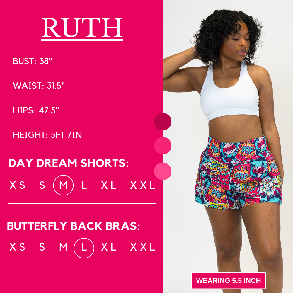 Model’s measurements of 38” bust, 31.5” waist, 47.5” hips and height of 5 ft 7 inches. She is wearing a size medium in our day dream shorts and a size large in our butterfly back bras