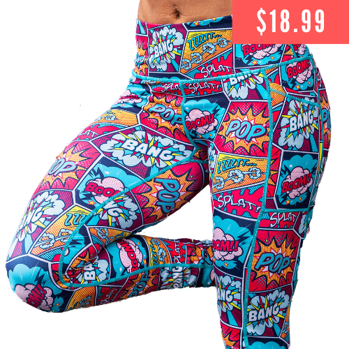 50% off of colorful comic book style action bubble sayings patterned leggings