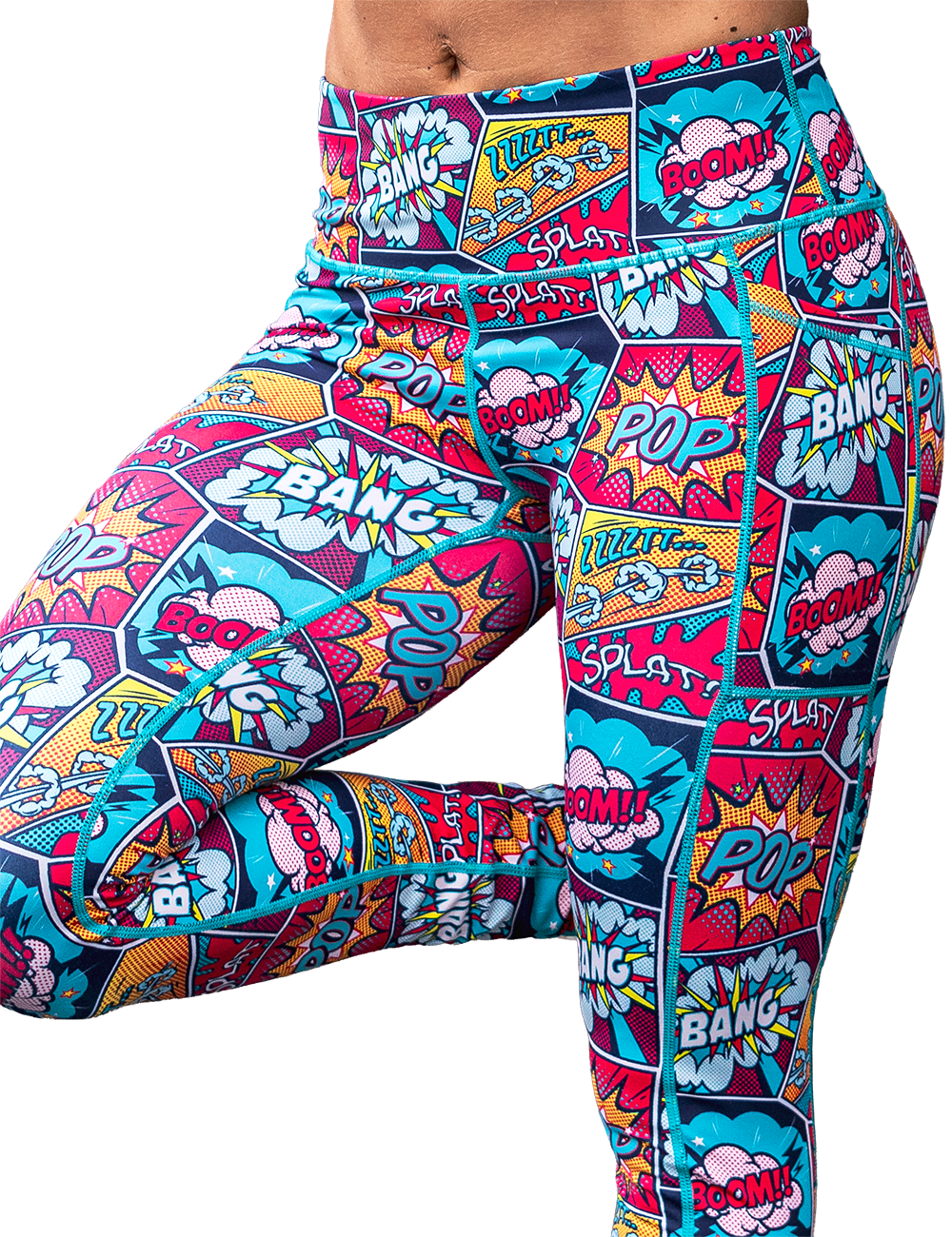 close up of colorful comic book style action bubble sayings patterned leggings