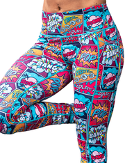 close up of colorful comic book style action bubble sayings patterned leggings