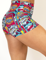 side view of 2.5 inch pop art inspired shorts