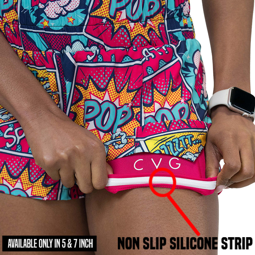 non slip strip on the pop art inspired shorts