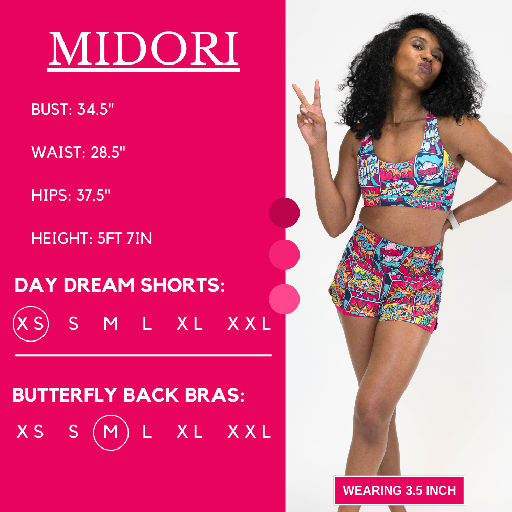 Model’s measurements of 34.5” bust, 28.5” waist, 37.5” hips and height of 5 ft 7 inches. She is wearing a size extra small in our day dream shorts and a size medium in our butterfly back bras