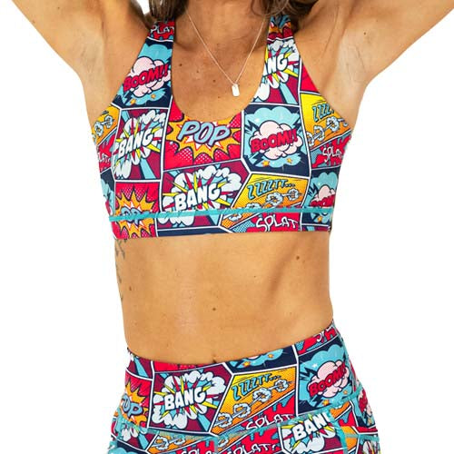 front view of comic book inspired print sports bra