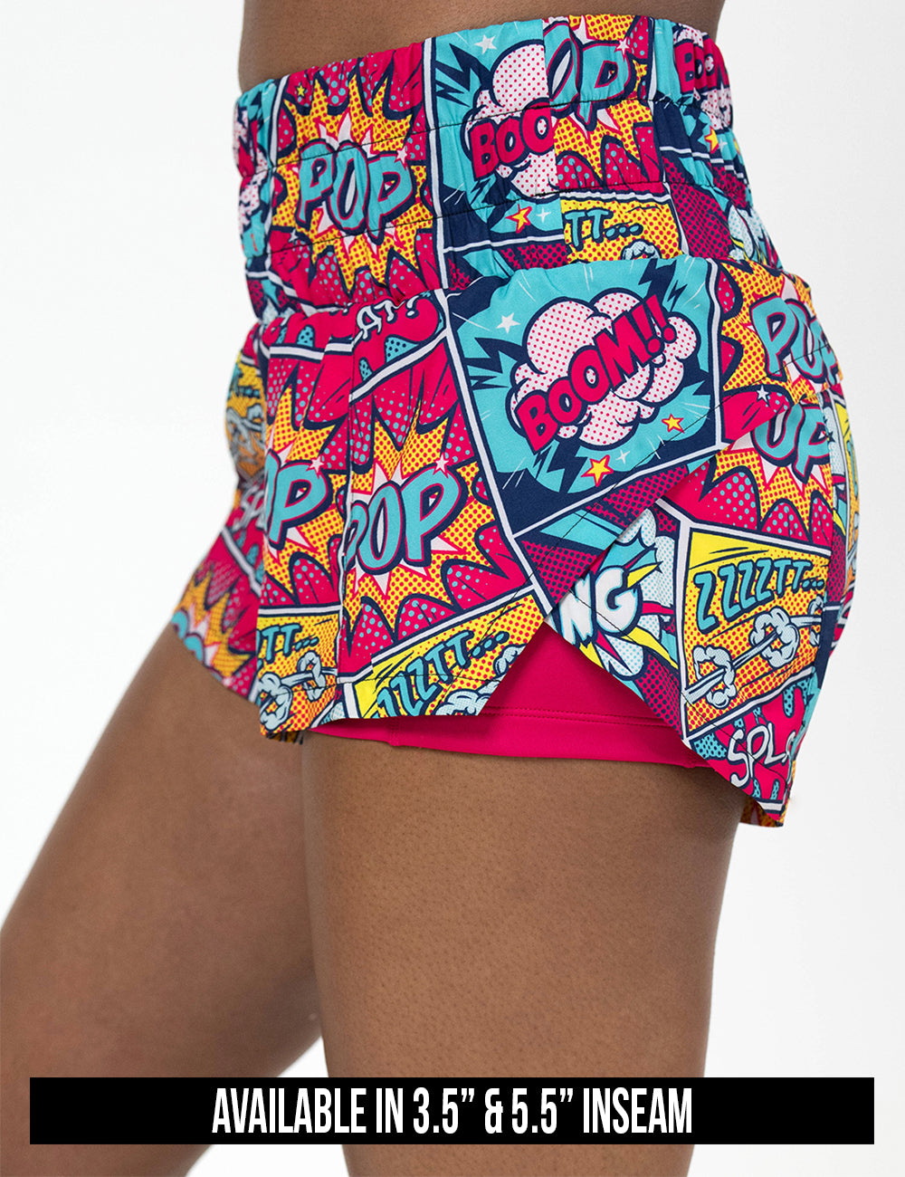 available inseam lengths for the vibrant cartoon patterned day dream shorts, lengths include 3.5 and 5.5 inches
