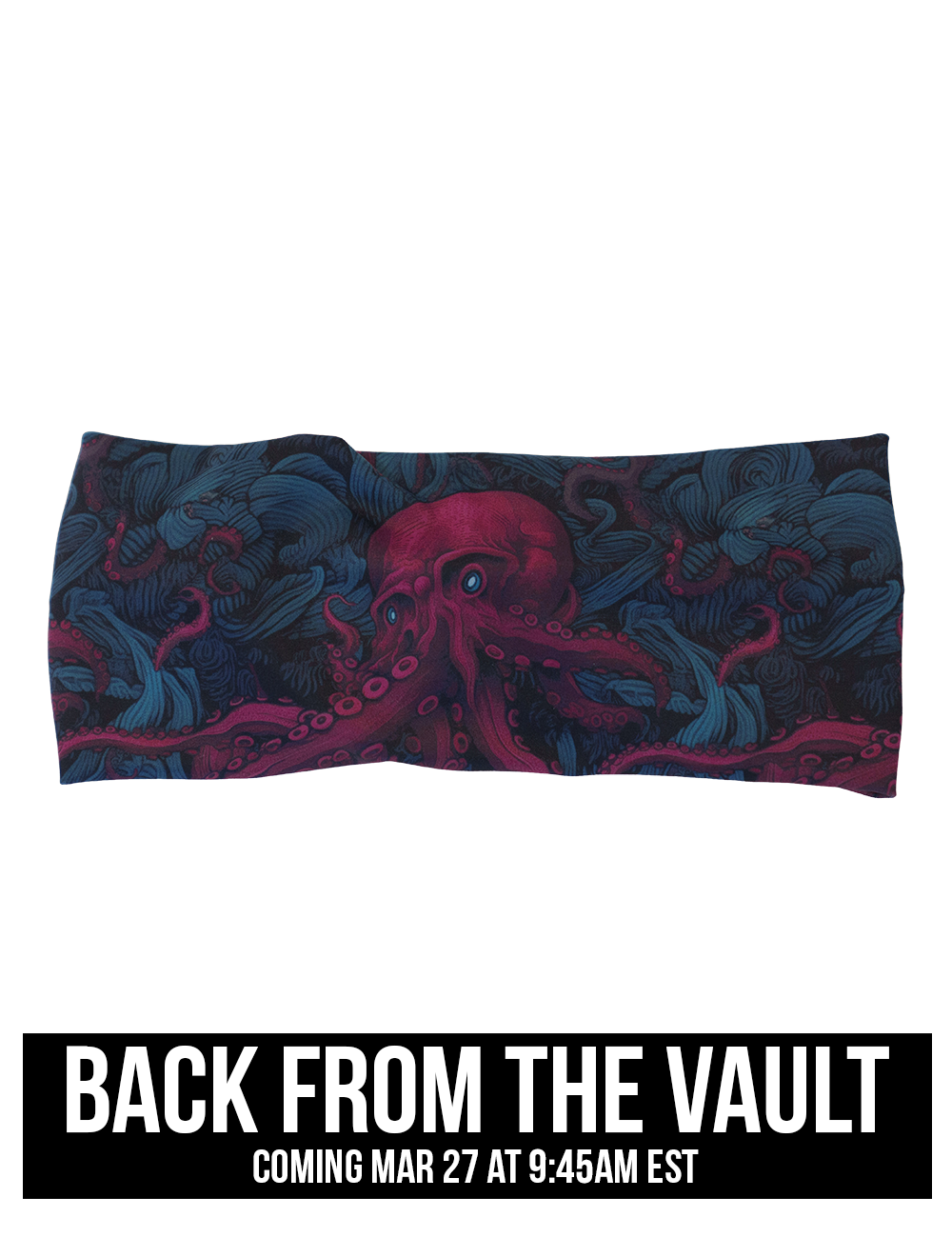 front of the maroon octopus with glowing blue eyes headband against a white background, coming soon