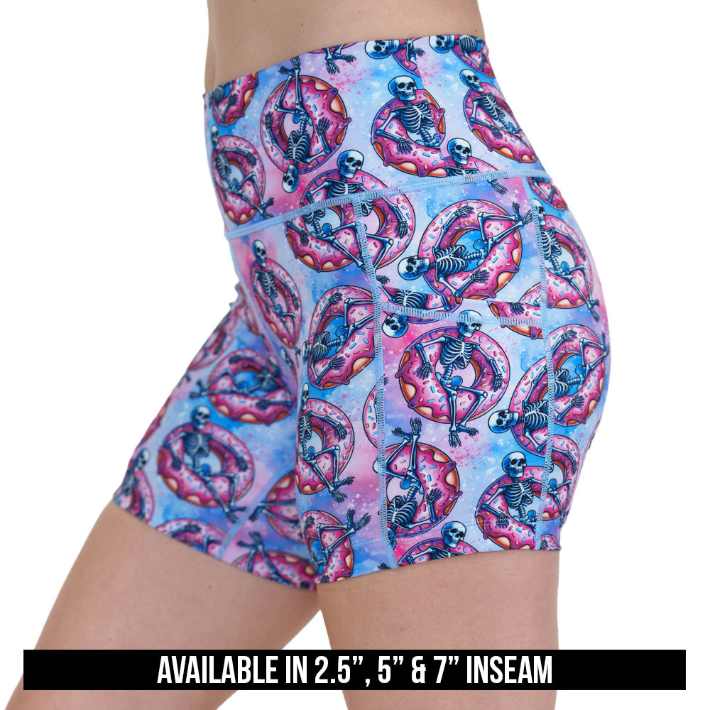 shorts with a skeleton on a donut pool floaty pattern on them available in 2.5, 5 & 7 inch inseams