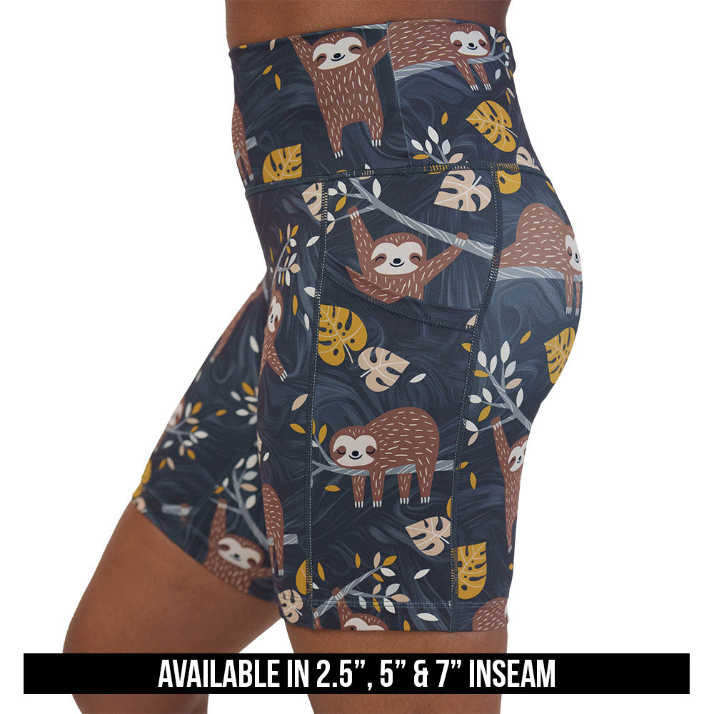 sloth patterned shorts available in 2.5, 5 & 7 inch inseams