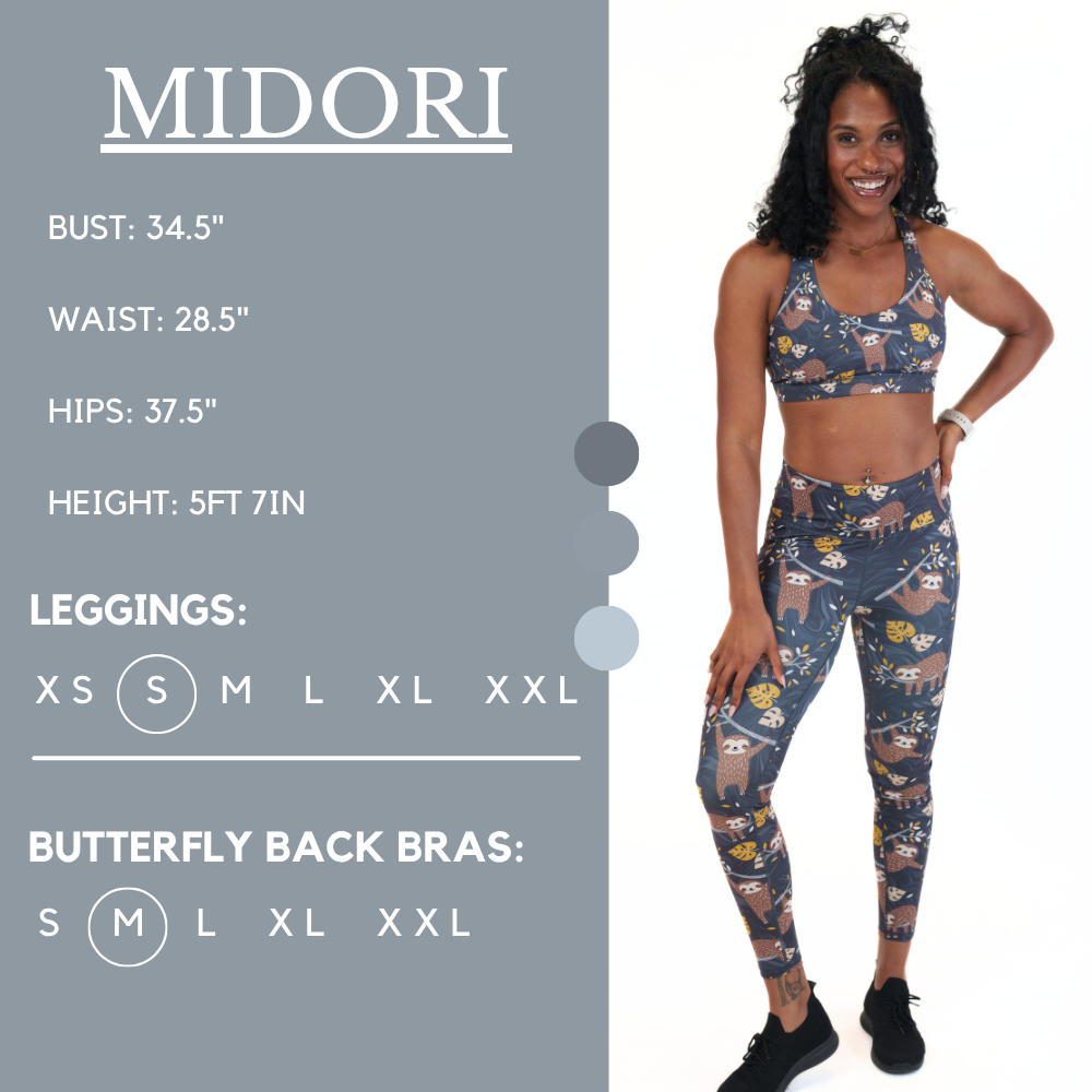 Model’s measurements of 34.5” bust, 28.5” waist, 37.5” hips and height of 5 ft 7 inches. She is wearing a size small in our leggings
