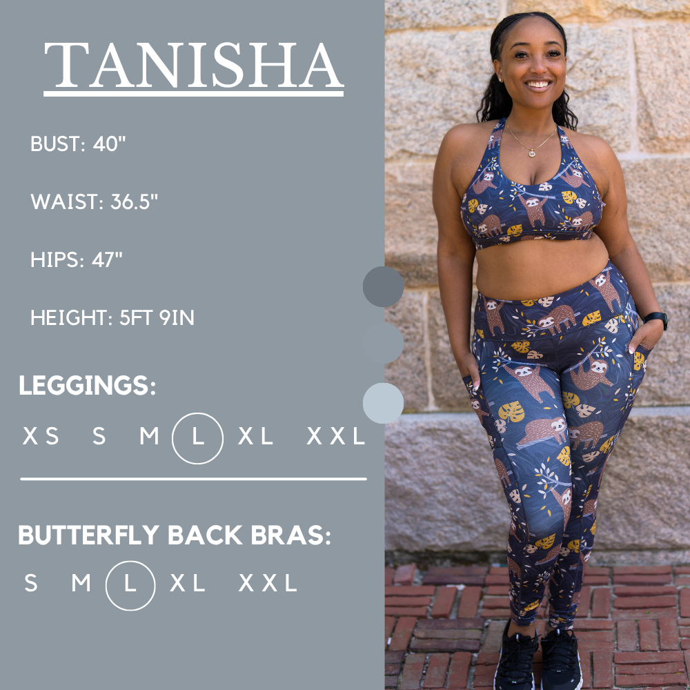 Graphic showing the measurements of a model and what size she wears for the dress. Her bust is 43 inches, waist is 41 inches, hips are 48 inches, and height is 5 foot and 9.5 inches. She wears a large in our leggings and sports bras