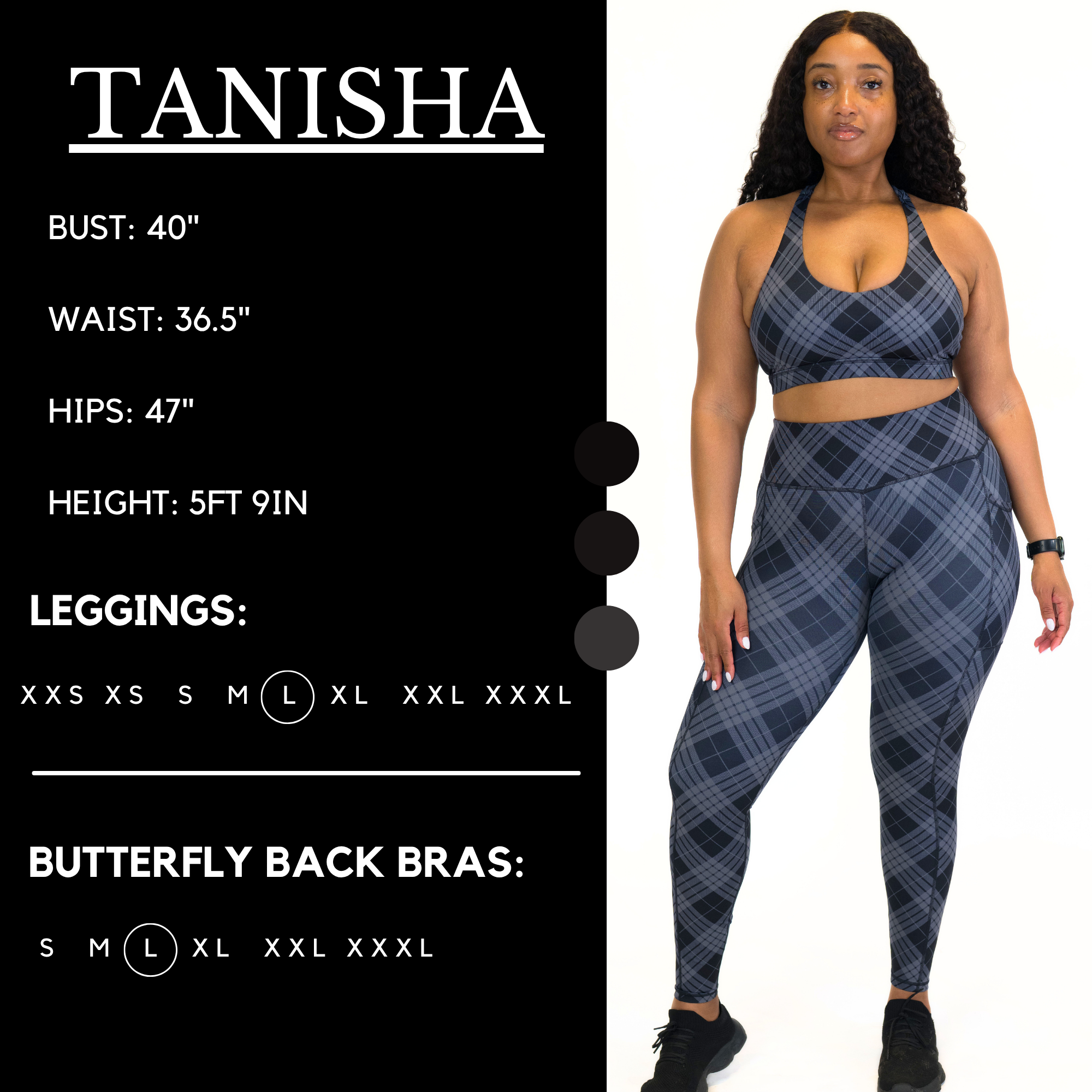 Graphic showing the measurements of a model and what size she wears for the leggings and bra. Her bust is 40 inches, waist is 36.5 inches, hips are 47 inches, and height is 5 foot and 9 inches. She wears a large in the leggings and bra
