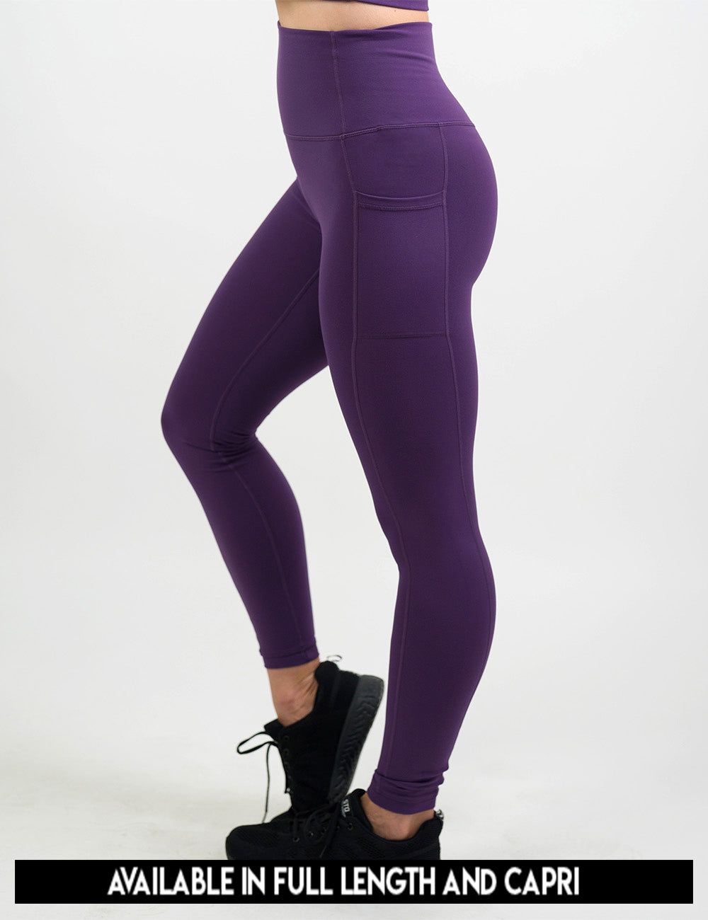 available lengths for the solid purple leggings, lengths include full length and capri