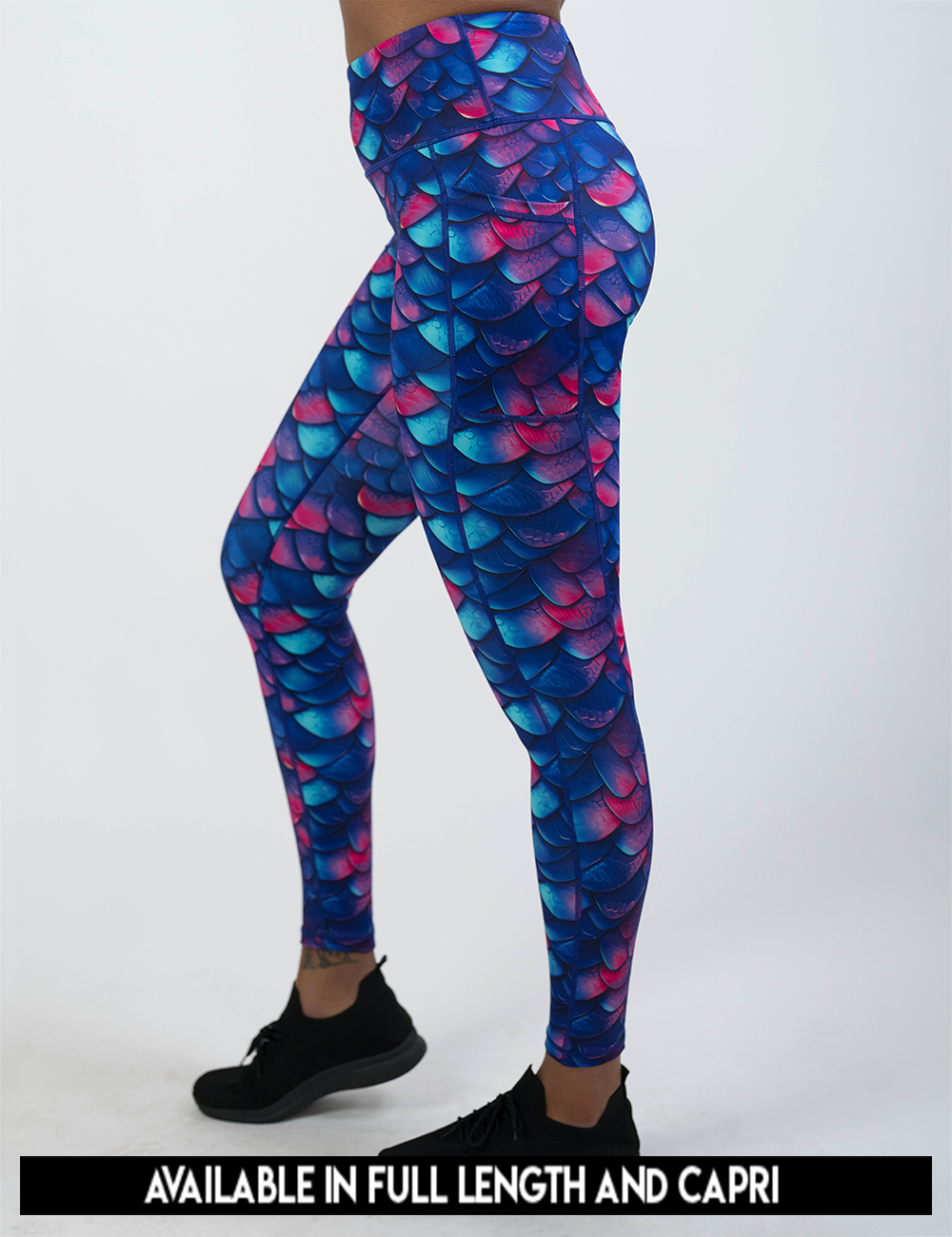 available lengths for the blue, purple, and red colored dragon scale, lengths include full length and capri