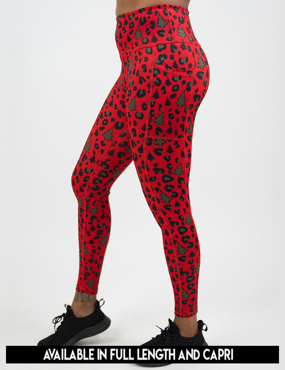 available lengths for the red and brown Christmas trees and leopard print leggings, lengths include full length and capri