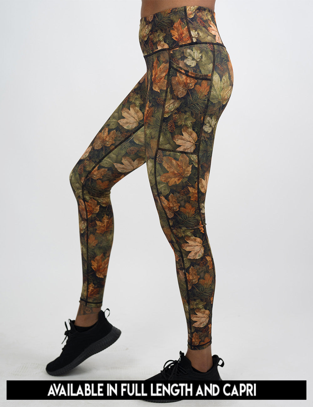 available lengths for the forest floor covered in leaves leggings, lengths include full length and capri