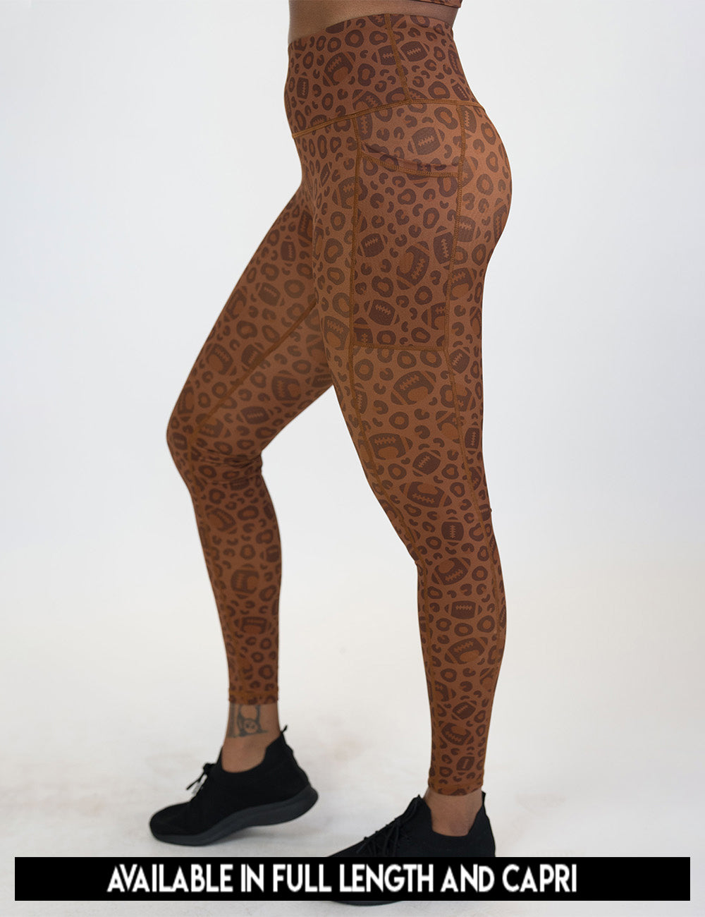 available lengths for the football themed brown leopard print leggings, lengths include full length and capri