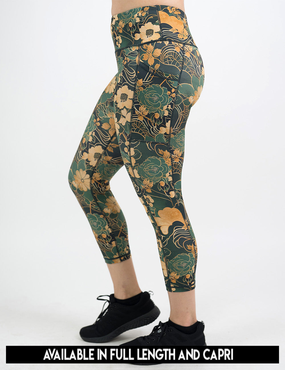 available lengths for the gold and green flowers with gold accents pattern leggings, lengths include full length and capri