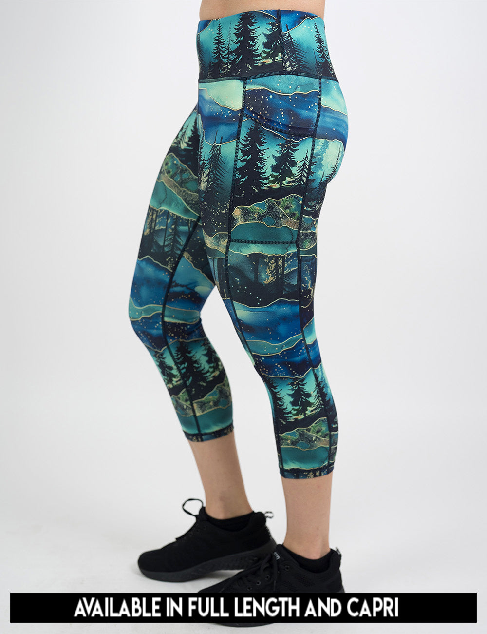available lengths for the aurora forest pattern leggings, lengths include full length and capri