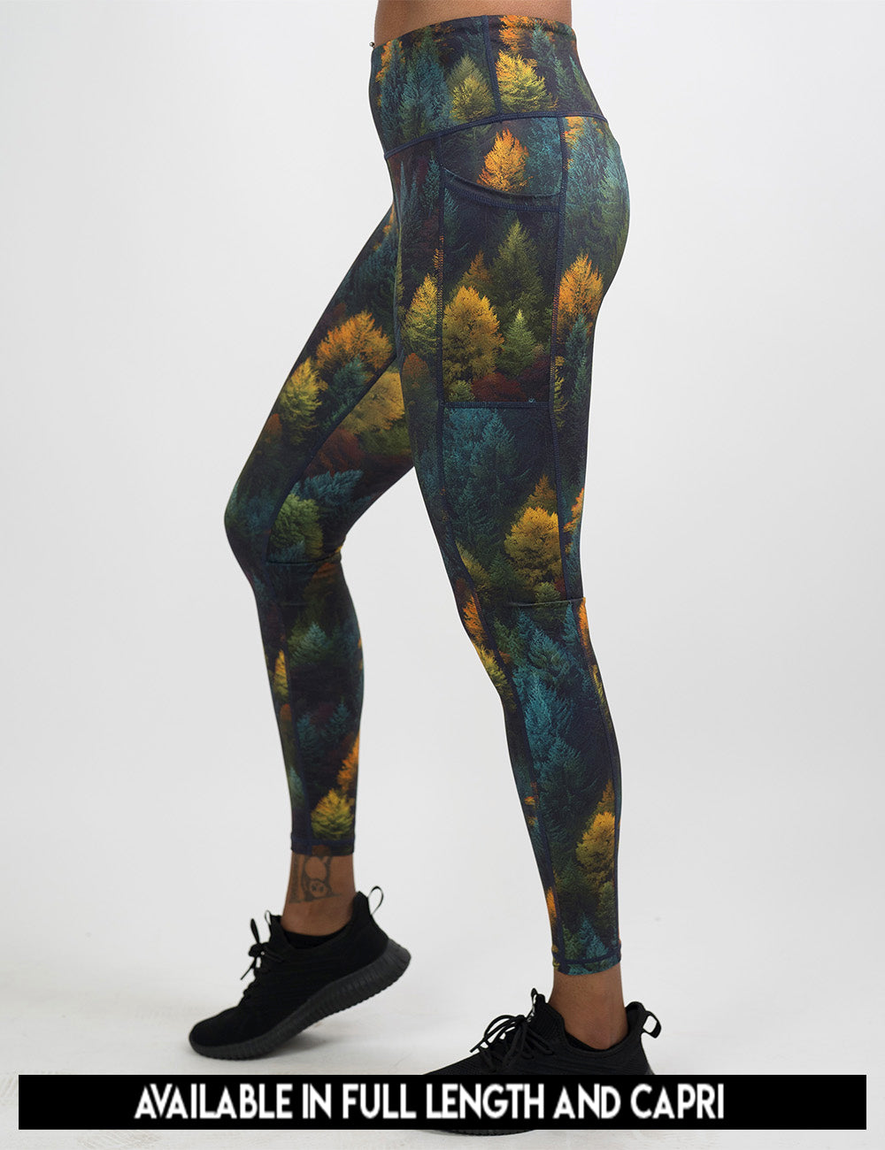 available lengths for the orange, green, and bluish green trees leggings, lengths include full length and capri
