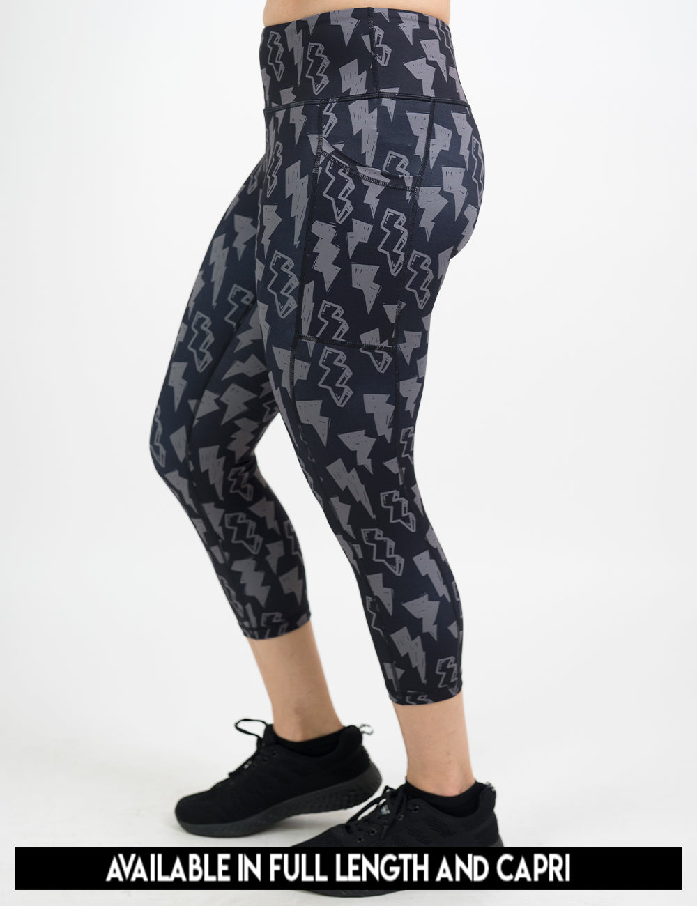 available lengths for the black leggings with grey thunder bolts, lengths include full length and capri