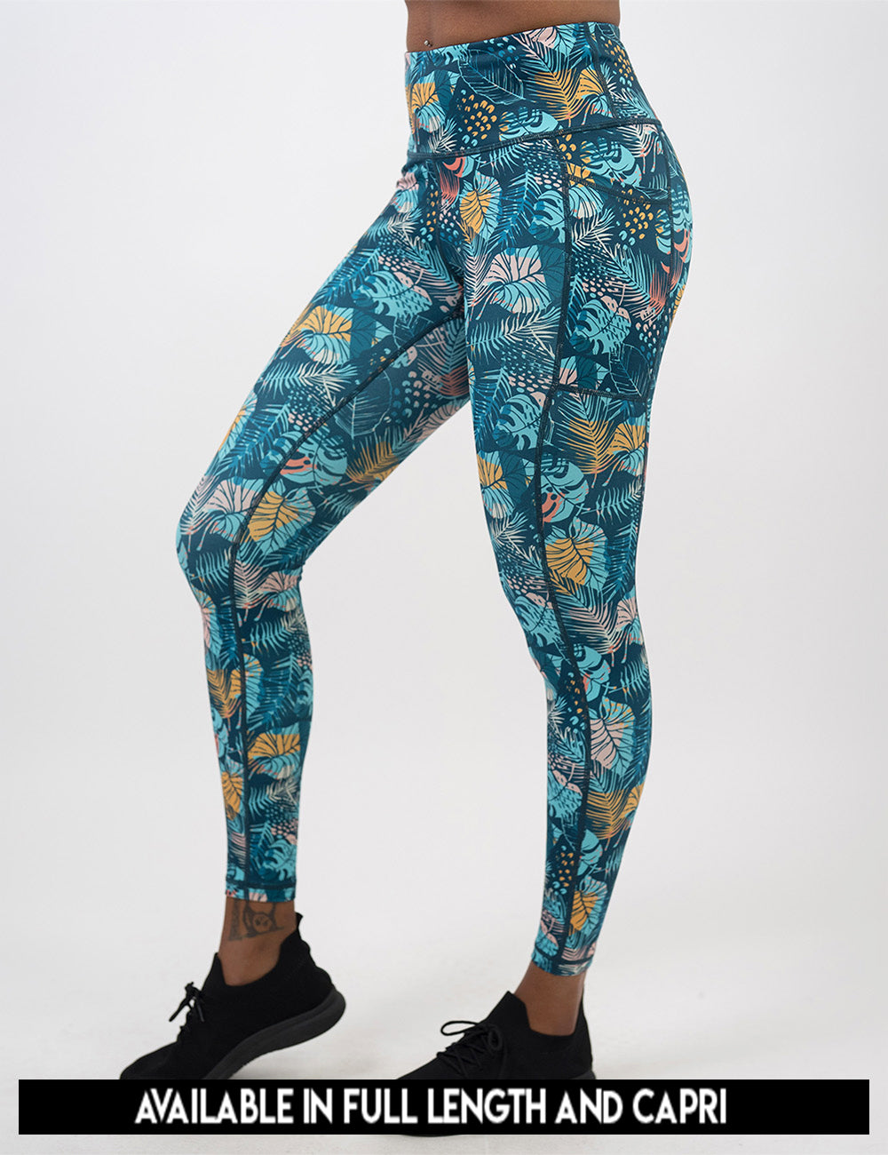 available lengths for the blue, pink, yellow, and red tropical leaves leggings, lengths include full length and capri