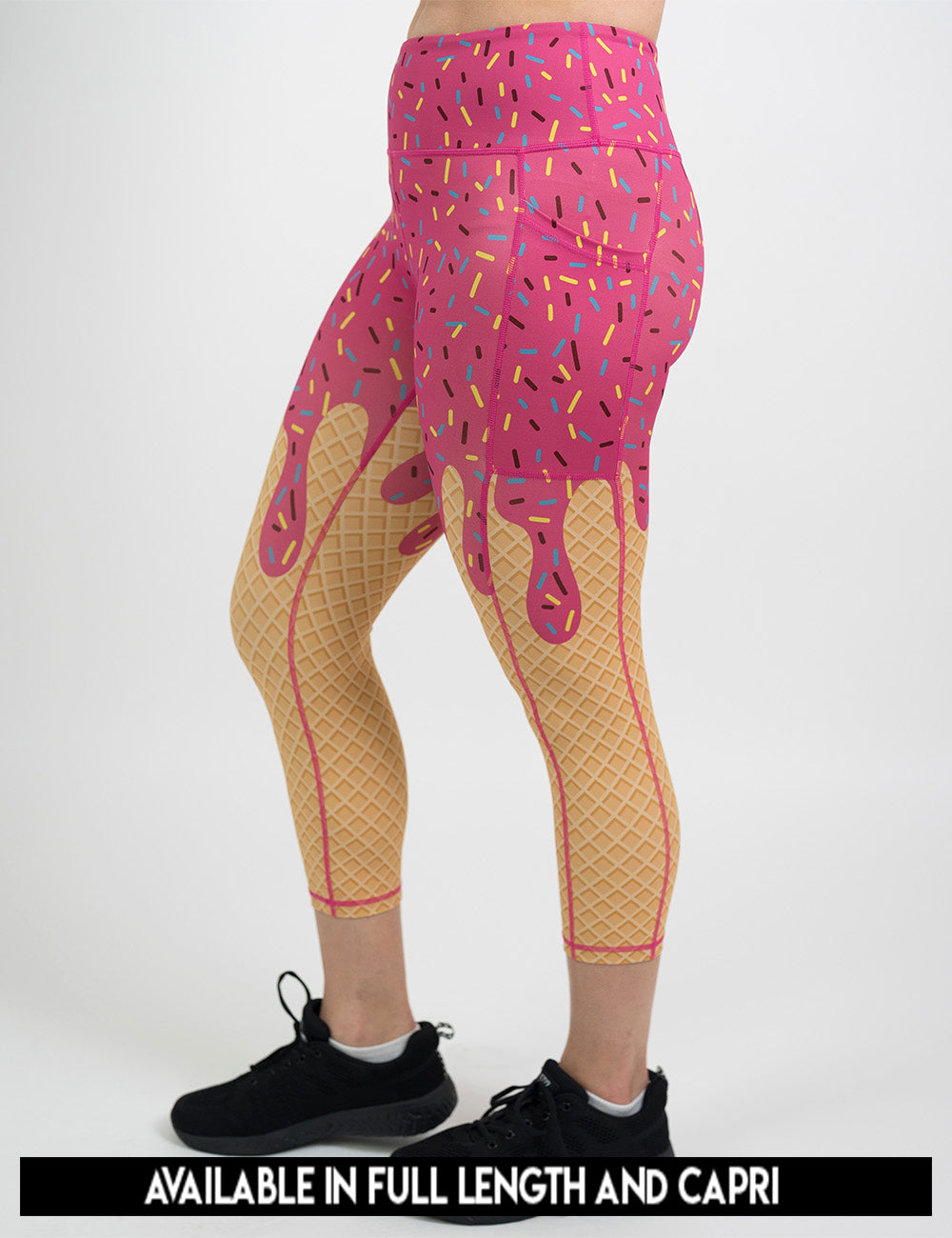 available lengths for the pink ice cream cone with sprinkles leggings, lengths include full length and capri