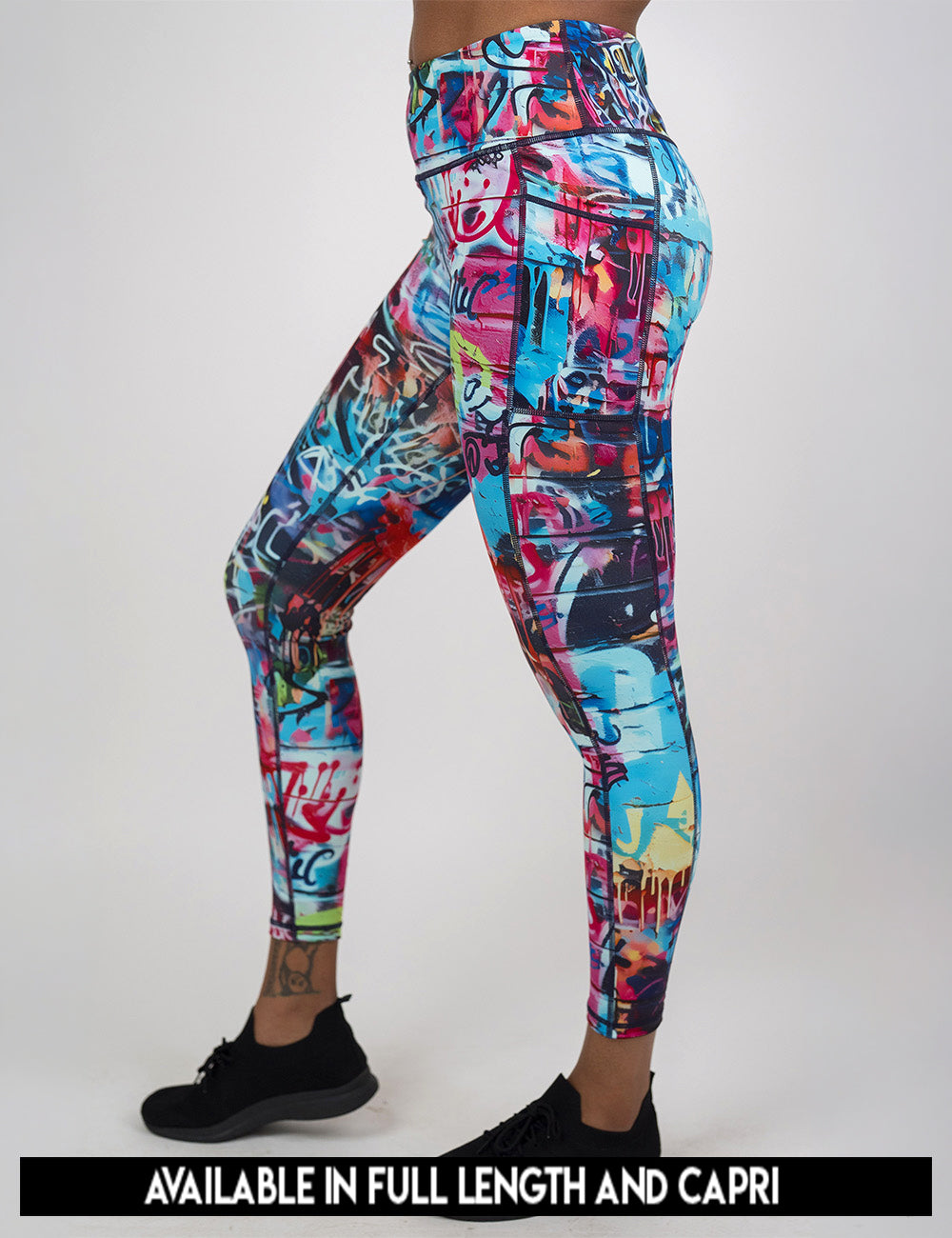 available lengths for the multi colored graffiti covered leggings, lengths include full length and capri