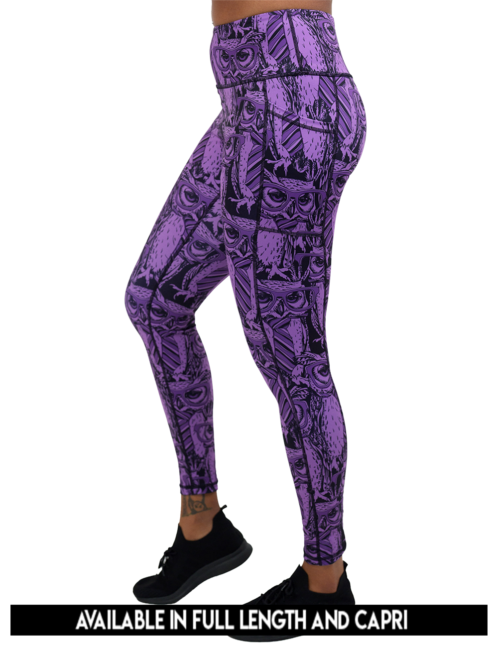 available lengths for the purple owl wearing glasses and a tie print leggings, lengths include full length and capri