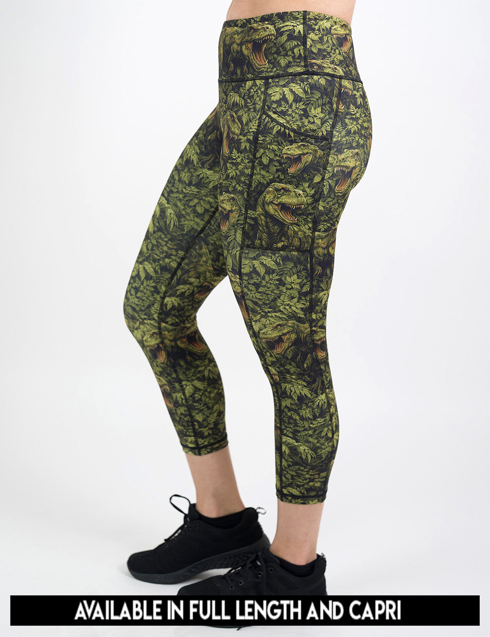 available lengths for the t-rex in a forest leggings, lengths include full length and capri