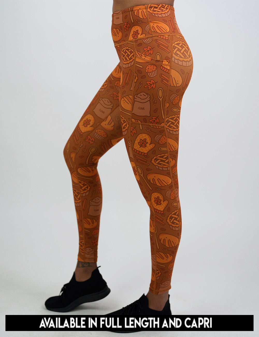 available lengths for the orange baking themed leggings, lengths include full length and capri